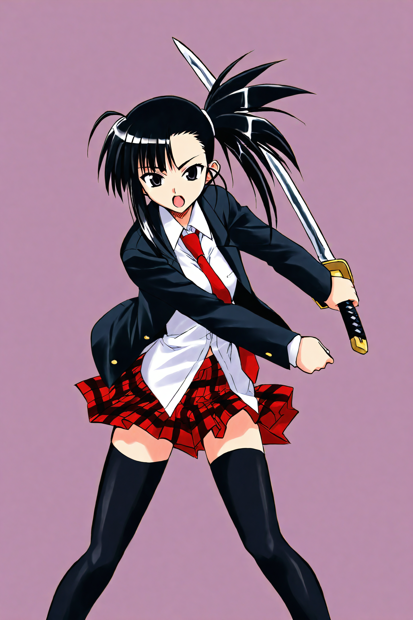 41562-724069429-Setsuna Sakurazaki,1girl,solo,thighhighs,weapon,necktie,holding sword,skirt,plaid,plaid skirt,black hair,zettai ryouiki,school u.png